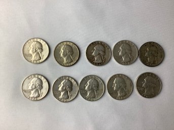 10 Washington Quarters (90 Silver) Dated 1935, 1953, 1956, 1957 D, 1959, 1961, 1962, 1962 D, 1963, 1964