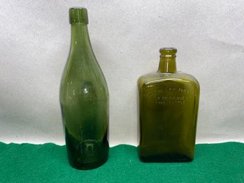 Pair Of Old Olive Green Glass Bottles. Bubbles In Glass.