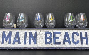Coastal Lot - Main Beach Sign And Set Of 6 Acrylic Wine Glasses With Color Anchors