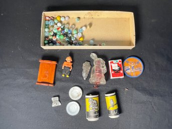 LOT OF MARBLES, CANDY CONTAINER, ETC.