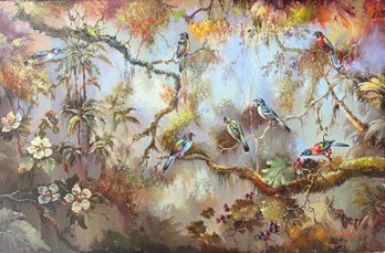 Gorgeous Birds On Grapevines Scene ~Signed L Richard ~ Oil Painting