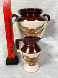 'the Spirit Of 76' Pottery Crock Bean Pot And Creamer Pitcher Eagle With American Flags  No Chips