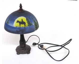 A Lonesome Cowboy In The Mountain Pines Painted Glass Desktop Lamp
