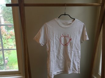 BRANDY MELVILLE, John Galt Line, Cotton Crew Neck T-Shirt, Red Horned Heart & Tail Graphic, White, Sz Small