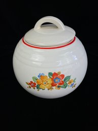 Vintage Round Ball Cookie Jar, White Ceramic With Red Stripes And Flower Decal