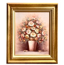Signed Robin Floral Still Life Oil On Canvas Painting
