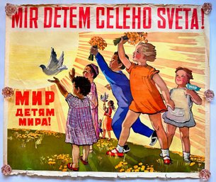 Original 1959 The USSR Political Propaganda Poster: World Peace For Children In Russian & Czech Language