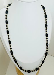 PRETTY 14K GOLD ONYX AND GOLD BEAD NECKLACE