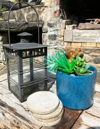 An Outdoor Decor Trio - Lantern, Faux Succulents And Marble Coasters