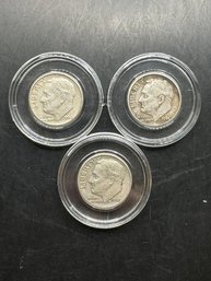 3 Roosevelt Silver Dimes 1962-D, 1962-D, 1963-D