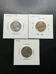 3 Jefferson Nickels 1946, 1946-D, 1946-S