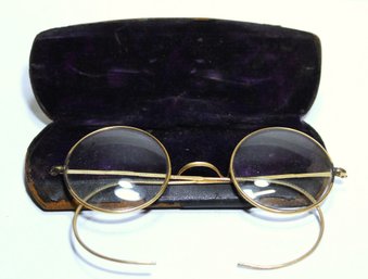 Very Fine Antique Gold Filled Eye Glasses Round Framed In Original Case