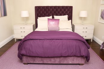 Purple Velvet Upholstered  Wing Back Sides Tufted Queen Size Bed With DKNY Bedding
