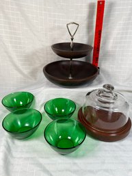 2-tiered Wooden Snack Server, Glass Cloche Cheese Dome, 4 Arcoroc France Green Glass Bowls No Chips