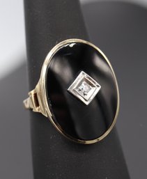 Large Black Onyx & Diamond 10k Yellow Gold Ring