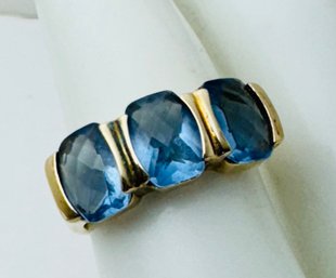 BEAUTIFUL GOLD OVER STERLING SILVER FACETED BLUE STONE RING BY DESIGNER ROSS SIMONS