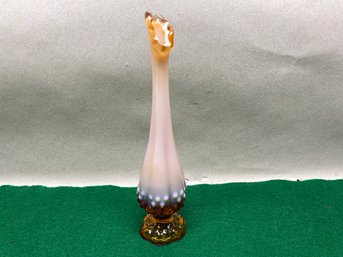 Vintage Fenton Swung Art Glass Cameo Opalescent Pedestal Base Hobnail Bud Vase With Label.