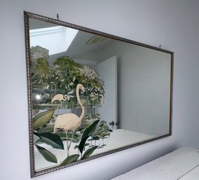 Signed Robert Stern Mid-century Flamingo And Flock Amongst Lush Greenery Wall Mirror