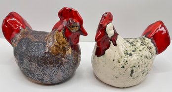 2 Hand Made Pottery Rooster From Wolna Ceramika In Poland, Signed By Artist