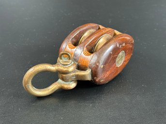 A Fabulous Vintage Ship's Block Pulley With Brass Sheaves