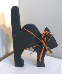 Wood Standing Black Cat With Ribbon
