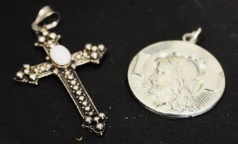 Sterling Silver Cross Pendant And Greek Orthodox Pendant