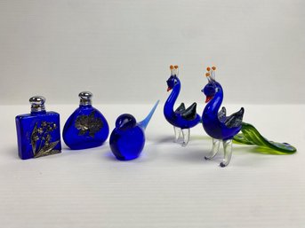 Cobalt Blue Glass Lot - Pr. Peacocks, Swedish Blue Bird, Two Perfumes (5)