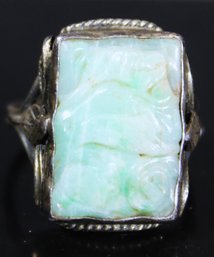 ANTIQUE STERLING SILVER RING CHINESE CARVED JADE (STONE CRACKED)