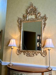Large Stunning Ornate Neoclassical Style Carved Wood Gilt Wall Mirror, 5 Feet Tall