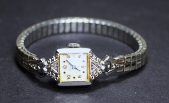 Antique Ladies Wristwatch Watch White Gold Filled Diamond Elgin De Lux