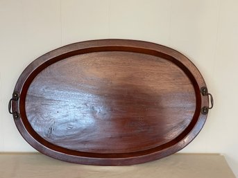 Antique Oval Hand Carved Wood Mahogany Tray With Brass Handles