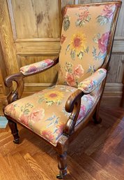 Vintage Solid Wood Upholstered Armchair On Casters