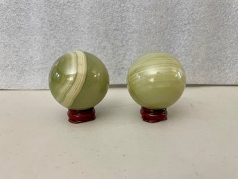 Two Green Calcite Spheres On Stands, 14.7oz