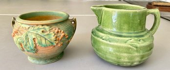 Roseville Pottery 657- 4' Green Bushberry Jardiniere &  Early Vintage Green Pottery Buttermilk Pitcher