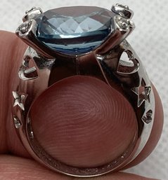 Signed Designer Sterling Silver Ring With Faceted Blue Topaz Gemstone- Pierced Heart Setting