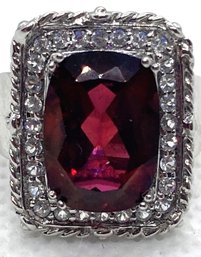 Fine Signed Sterling Silver Ring With Faceted Garnet And White Topaz Surround