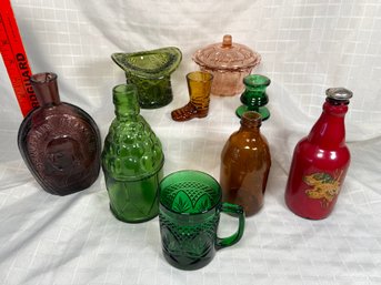 Assorted Collection Of Colorful Glass Bottles Cut Glass Cup, Top Hat, Candlestick Beer Bottle Shaker