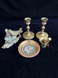 Candle Stick Lot Brass Mortar And Pestle And Dish