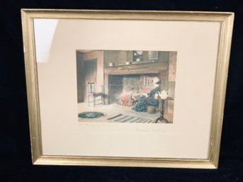 Antique Framed Hand Colored Print 'The Chimney Corner' By Wallace Nutting- Signed