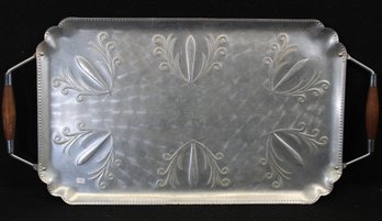 Mid Century Aluminum Wood Handled Decorative Serving Tray