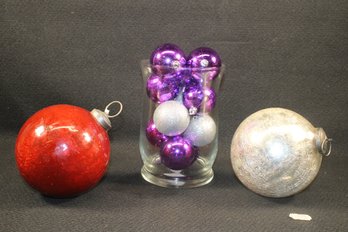 Two Vintage Ganz Large 6' Round Ornaments And Glass Vase Full Of Purple & Silver Ornaments