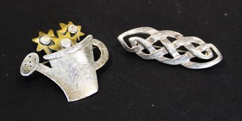 Two Sterling Silver Brooches Pin, Celtic Shape And Watering Can