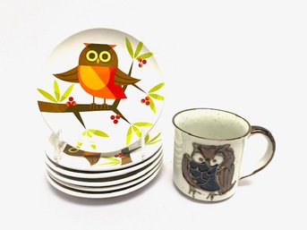 Adorable Owl Motif Dishware & Mug - 7 Pieces