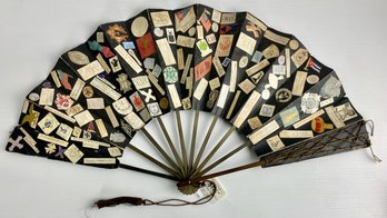 Antique Ladies Victorian Hand Fan Decorated With Travel Memorabilia