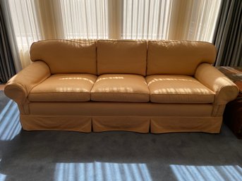 Custom Roll Arm Skirted Sofa In Peach Hinson Fabric