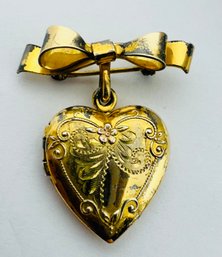 BEAUTIFUL VINTAGE GOLD-FILLED ETCHED HEART LOCKET BROOCH