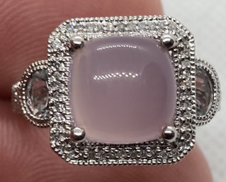 Fine Signed Designer Sterling Silver Ring With Square Cut Lavender Jade Cabochon