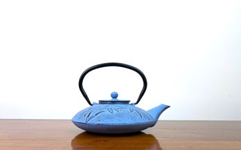 Asian Tetsubin Style Blue Teapot With Bamboo Design