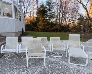 Set Of Five Woodard Mesh And Aluminum Outdoor Patio Chairs And Lounge Chair