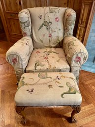 Vintage Wingback Carved Wood Slipcovered Lounge Chair With Ottoman